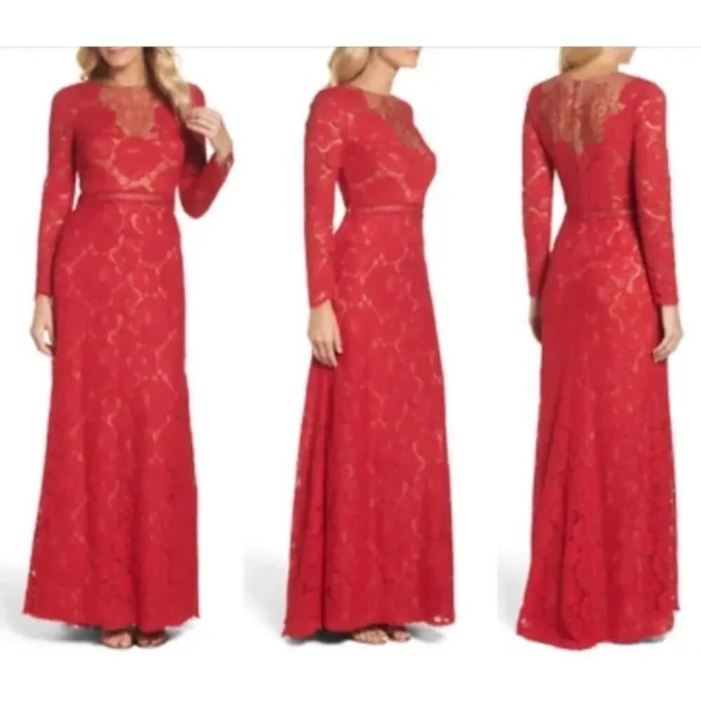 Tadashi Shoji Long Sleeve Lace Illusion Applique Evening Gown Women’s Sz. 8 - Picture 2 of 7